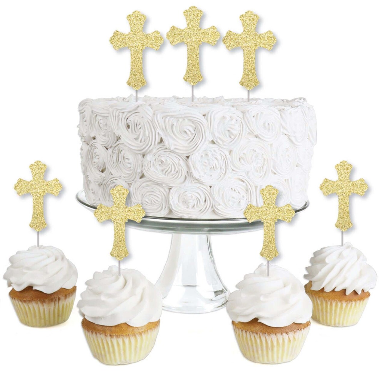 Big Dot of Happiness Gold Glitter Cross - No-Mess Real Gold Glitter Dessert Cupcake Toppers - Baptism or Baby Shower Clear Treat Picks - Set of 24